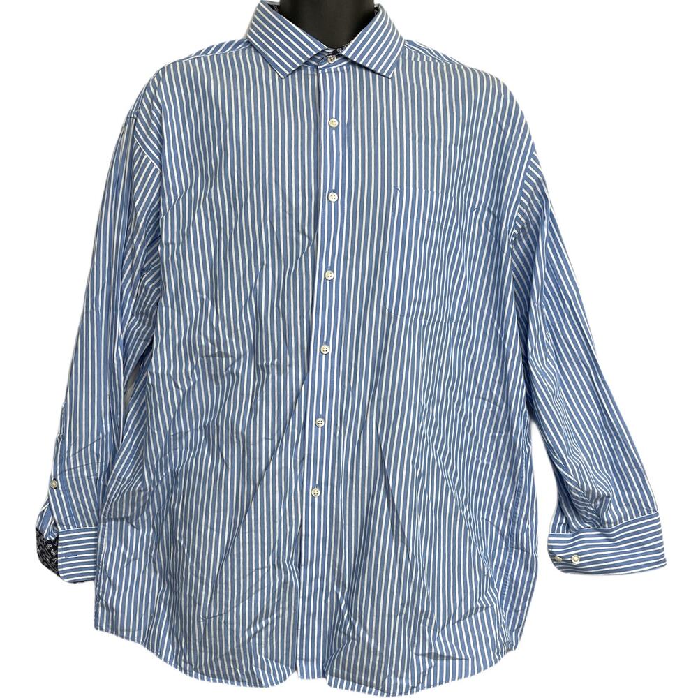 Tommy Hilfiger Button Up Shirt 17 Blue White Striped Long Sleeves 100% Cotton